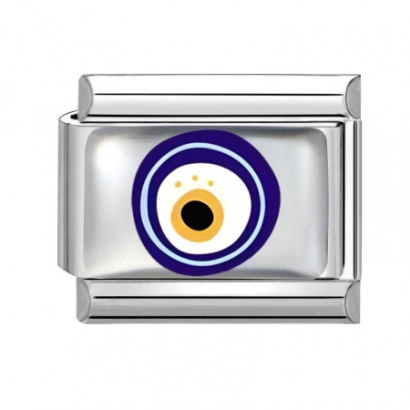 Picture of 1 Piece 304 Stainless Steel Italian Charm Links For DIY Bracelet Jewelry Making Wholesale Silver Tone Blue Rectangle Evil Eye 10mm x 9mm