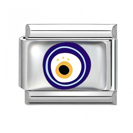 Picture of 1 Piece 304 Stainless Steel Italian Charm Links For DIY Bracelet Jewelry Making Wholesale Silver Tone Blue Rectangle Evil Eye 10mm x 9mm