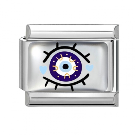 Picture of 1 Piece 304 Stainless Steel Italian Charm Links For DIY Bracelet Jewelry Making Wholesale Silver Tone Blue Rectangle Evil Eye 10mm x 9mm