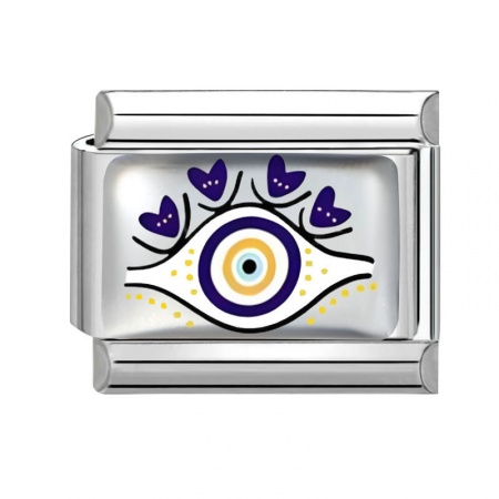 Picture of 1 Piece 304 Stainless Steel Italian Charm Links For DIY Bracelet Jewelry Making Wholesale Silver Tone Blue Rectangle Evil Eye 10mm x 9mm