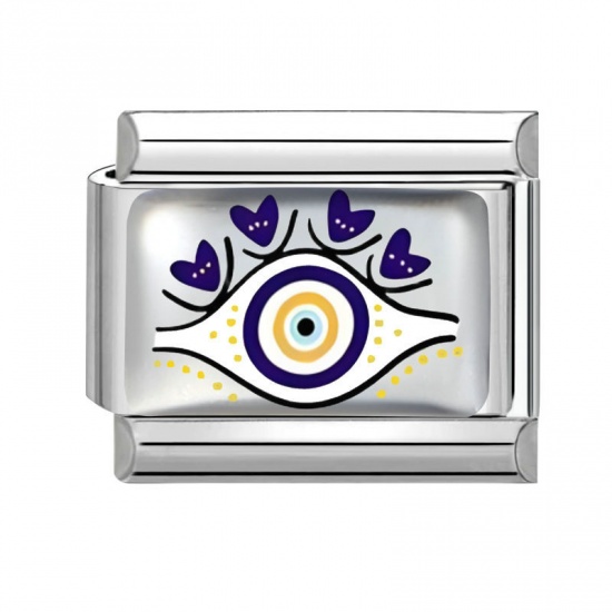 Picture of 1 Piece 304 Stainless Steel Italian Charm Links For DIY Bracelet Jewelry Making Wholesale Silver Tone Blue Rectangle Evil Eye 10mm x 9mm