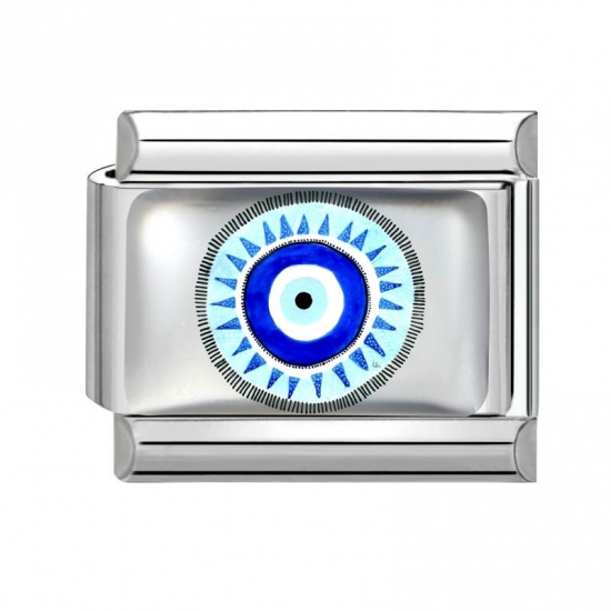 Picture of 1 Piece 304 Stainless Steel Italian Charm Links For DIY Bracelet Jewelry Making Wholesale Silver Tone Blue Rectangle Evil Eye 10mm x 9mm