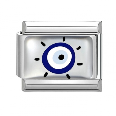 Picture of 1 Piece 304 Stainless Steel Italian Charm Links For DIY Bracelet Jewelry Making Wholesale Silver Tone Blue Rectangle Evil Eye 10mm x 9mm