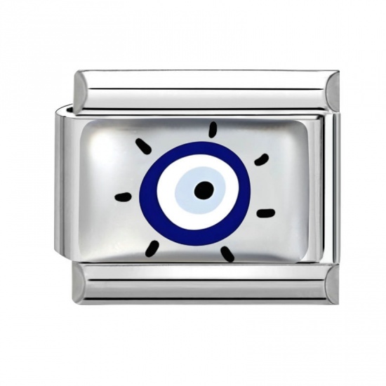 Picture of 1 Piece 304 Stainless Steel Italian Charm Links For DIY Bracelet Jewelry Making Wholesale Silver Tone Blue Rectangle Evil Eye 10mm x 9mm