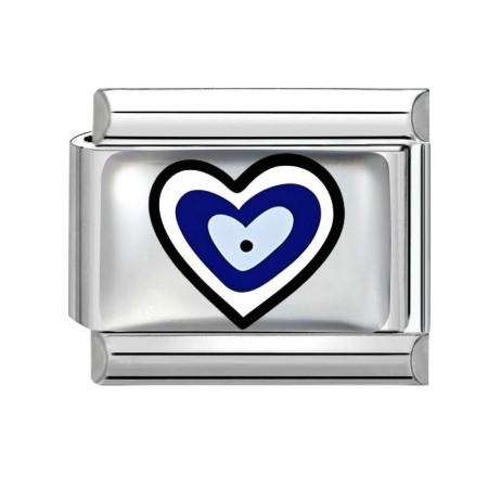 Picture of 1 Piece 304 Stainless Steel Italian Charm Links For DIY Bracelet Jewelry Making Wholesale Silver Tone Blue Rectangle Evil Eye 10mm x 9mm