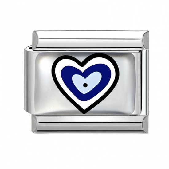 Picture of 1 Piece 304 Stainless Steel Italian Charm Links For DIY Bracelet Jewelry Making Wholesale Silver Tone Blue Rectangle Evil Eye 10mm x 9mm