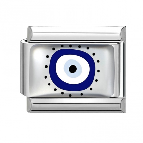Picture of 1 Piece 304 Stainless Steel Italian Charm Links For DIY Bracelet Jewelry Making Wholesale Silver Tone Blue Rectangle Evil Eye 10mm x 9mm
