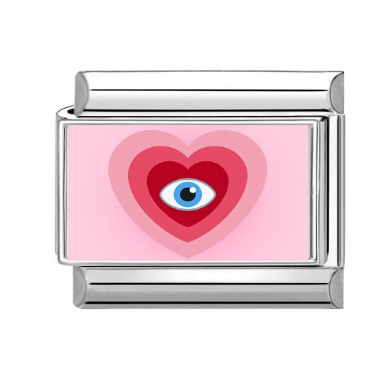 Picture of 1 Piece 304 Stainless Steel Italian Charm Links For DIY Bracelet Jewelry Making Wholesale Pink Rectangle Evil Eye 10mm x 9mm