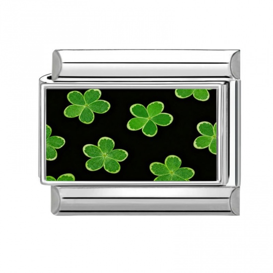 Picture of 1 Piece 304 Stainless Steel Italian Charm Links For DIY Bracelet Jewelry Making Wholesale Silver Tone Green Rectangle Flower 10mm x 9mm