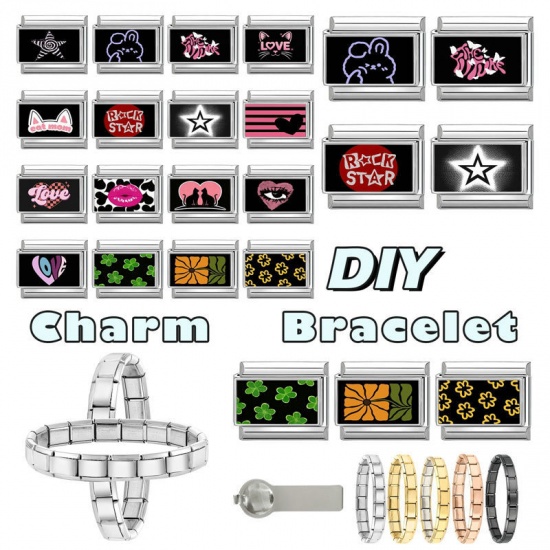 Picture of 1 Piece 304 Stainless Steel Italian Charm Links For DIY Bracelet Jewelry Making Wholesale Silver Tone Green Rectangle Flower 10mm x 9mm