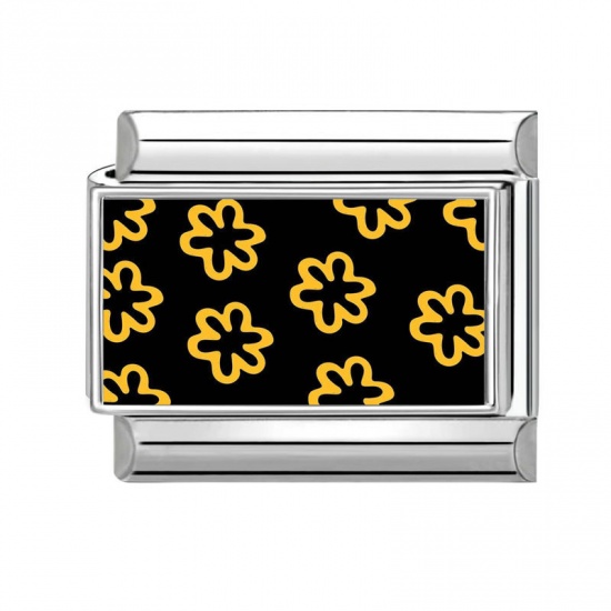 Picture of 1 Piece 304 Stainless Steel Italian Charm Links For DIY Bracelet Jewelry Making Wholesale Silver Tone Yellow Rectangle Flower 10mm x 9mm