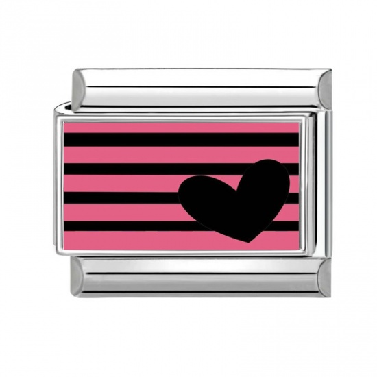 Picture of 1 Piece 304 Stainless Steel Valentine's Day Italian Charm Links For DIY Bracelet Jewelry Making Wholesale Silver Tone Black Rectangle Heart 10mm x 9mm