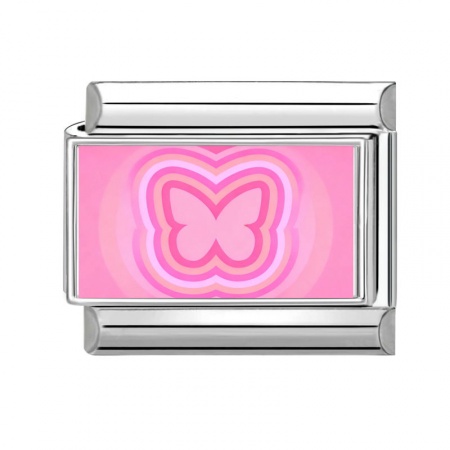 Picture of 1 Piece 304 Stainless Steel Italian Charm Links For DIY Bracelet Jewelry Making Wholesale Silver Tone Pink Rectangle Butterfly 10mm x 9mm