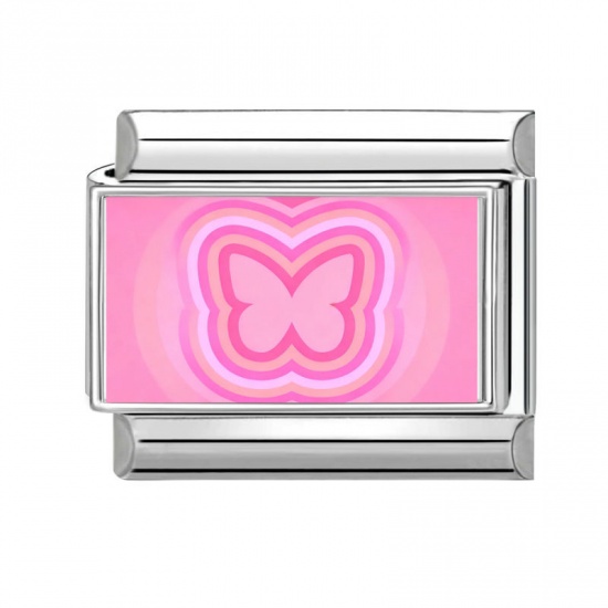 Immagine di 1 Pz 304 Acciaio Inossidabile Bracciale con Charm Italiano a Maglie, Creazione di Gioielli Fai-da-te All'Ingrosso Tono Argento Rosa Rettangolo Farfalla 10mm x 9mm