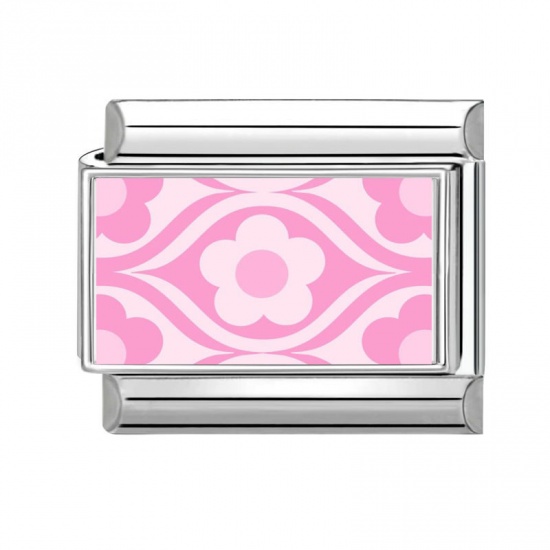 Immagine di 1 Pz 304 Acciaio Inossidabile Bracciale con Charm Italiano a Maglie, Creazione di Gioielli Fai-da-te All'Ingrosso Tono Argento Rosa Rettangolo Fiore 10mm x 9mm