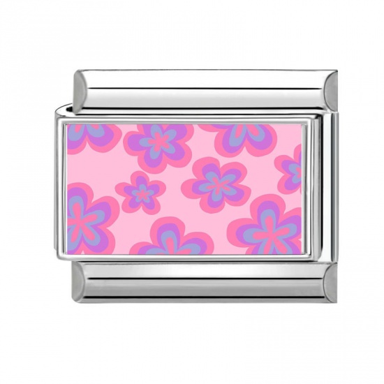 Immagine di 1 Pz 304 Acciaio Inossidabile Bracciale con Charm Italiano a Maglie, Creazione di Gioielli Fai-da-te All'Ingrosso Tono Argento Rosa Rettangolo Fiore 10mm x 9mm