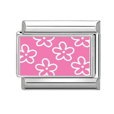 Picture of 1 Piece 304 Stainless Steel Italian Charm Links For DIY Bracelet Jewelry Making Wholesale Silver Tone Pink Rectangle Flower 10mm x 9mm