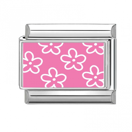 Immagine di 1 Pz 304 Acciaio Inossidabile Bracciale con Charm Italiano a Maglie, Creazione di Gioielli Fai-da-te All'Ingrosso Tono Argento Rosa Rettangolo Fiore 10mm x 9mm