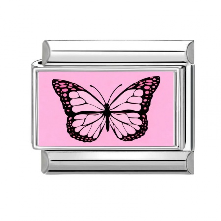 Picture of 1 Piece 304 Stainless Steel Italian Charm Links For DIY Bracelet Jewelry Making Wholesale Silver Tone Pink Rectangle Butterfly 10mm x 9mm