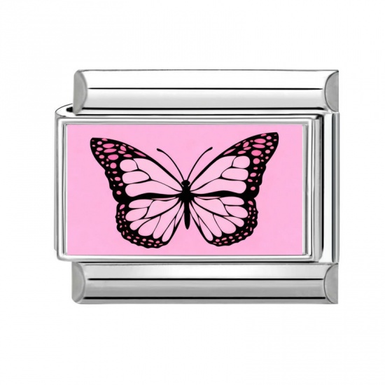 Immagine di 1 Pz 304 Acciaio Inossidabile Bracciale con Charm Italiano a Maglie, Creazione di Gioielli Fai-da-te All'Ingrosso Tono Argento Rosa Rettangolo Farfalla 10mm x 9mm