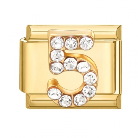 Picture of 1 Piece 304 Stainless Steel Italian Charm Links For DIY Modular Bracelet Watch Jewelry Making Wholesale Gold Plated Rectangle Message " 5 " Clear Rhinestone 10mm x 9mm