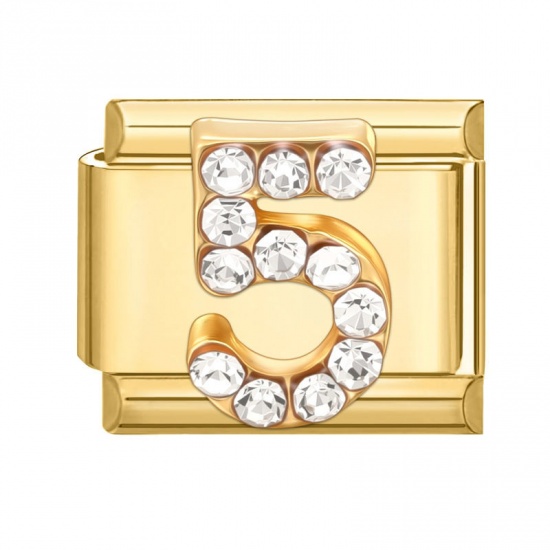 Picture of 1 Piece 304 Stainless Steel Italian Charm Links For DIY Modular Bracelet Watch Jewelry Making Wholesale Gold Plated Rectangle Message " 5 " Clear Rhinestone 10mm x 9mm