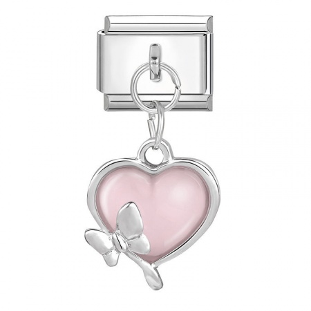 Picture of 1 Piece 304 Stainless Steel & Zinc Based Alloy Valentine's Day Italian Charm Links For DIY Modular Bracelet Watch Jewelry Making Wholesale Silver Tone Pink Heart 10mm x 9mm
