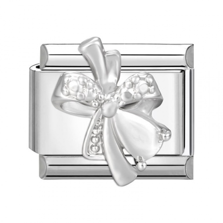 Picture of 1 Piece 304 Stainless Steel Italian Charm Links For DIY Modular Bracelet Watch Jewelry Making Wholesale Silver Tone Rectangle Bowknot 10mm x 9mm