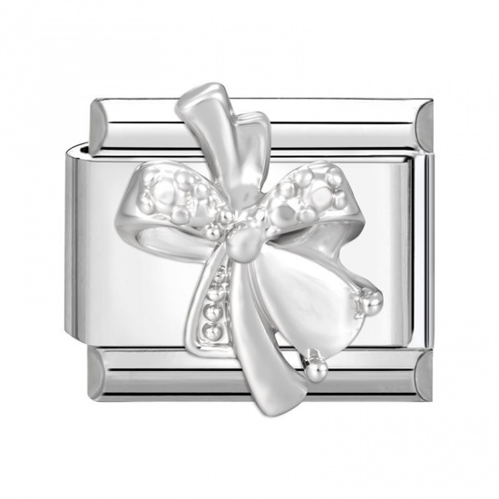 Picture of 1 Piece 304 Stainless Steel Italian Charm Links For DIY Modular Bracelet Watch Jewelry Making Wholesale Silver Tone Rectangle Bowknot 10mm x 9mm