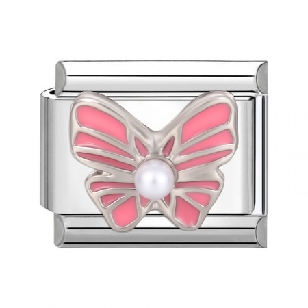 Picture of 1 Piece 304 Stainless Steel Italian Charm Links For DIY Modular Bracelet Watch Jewelry Making Wholesale Silver Tone Pink Rectangle Butterfly 10mm x 9mm