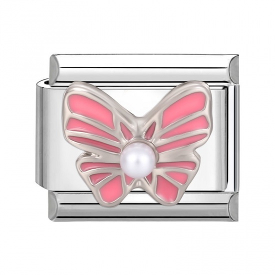 Picture of 1 Piece 304 Stainless Steel Italian Charm Links For DIY Modular Bracelet Watch Jewelry Making Wholesale Silver Tone Pink Rectangle Butterfly 10mm x 9mm