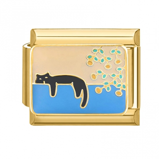 Picture of 1 Piece 304 Stainless Steel Italian Charm Links For DIY Bracelet Jewelry Making Wholesale Gold Plated Multicolor Rectangle Cat 10mm x 9mm
