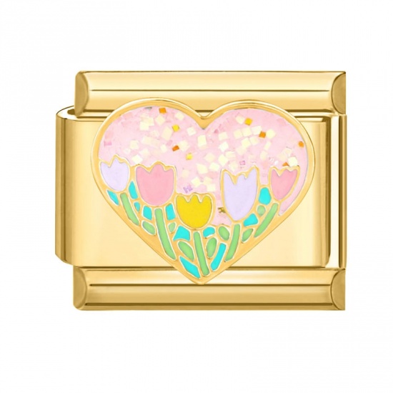 Picture of 1 Piece 304 Stainless Steel Valentine's Day Italian Charm Links For DIY Bracelet Jewelry Making Wholesale Gold Plated Multicolor Rectangle Heart 10mm x 9mm