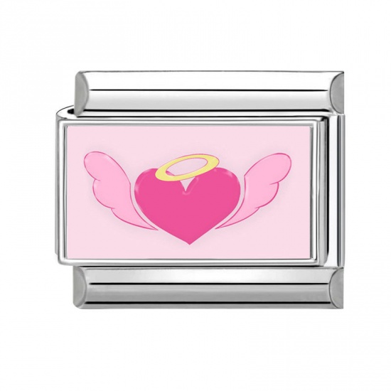 Immagine di 1 Pz 304 Acciaio Inossidabile San Valentino Bracciale con Charm Italiano a Maglie, Creazione di Gioielli Fai-da-te All'Ingrosso Tono Argento Rosa Rettangolo Cuore 10mm x 9mm