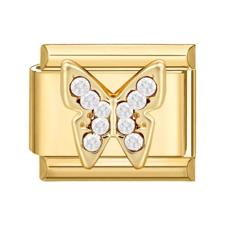 Picture of 1 Piece 304 Stainless Steel Italian Charm Links For DIY Modular Bracelet Watch Jewelry Making Wholesale Gold Plated Rectangle Butterfly Clear Rhinestone 10mm x 9mm