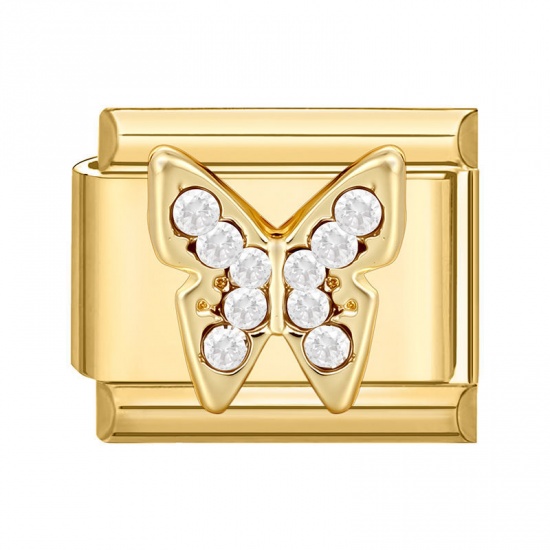 Picture of 1 Piece 304 Stainless Steel Italian Charm Links For DIY Modular Bracelet Watch Jewelry Making Wholesale Gold Plated Rectangle Butterfly Clear Rhinestone 10mm x 9mm