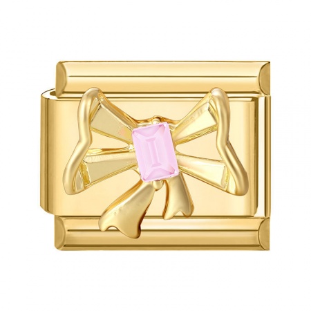 Picture of 1 Piece 304 Stainless Steel Italian Charm Links For DIY Modular Bracelet Watch Jewelry Making Wholesale Gold Plated Rectangle Bowknot Pink Rhinestone 10mm x 9mm