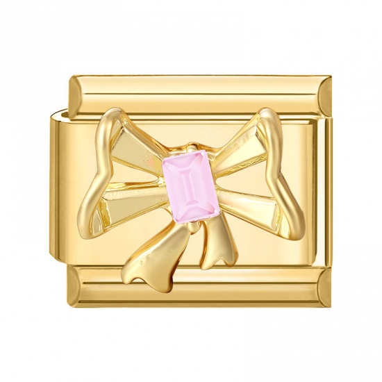 Picture of 1 Piece 304 Stainless Steel Italian Charm Links For DIY Modular Bracelet Watch Jewelry Making Wholesale Gold Plated Rectangle Bowknot Pink Rhinestone 10mm x 9mm