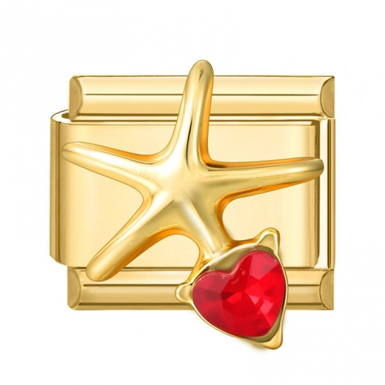 Picture of 1 Piece 304 Stainless Steel Italian Charm Links For DIY Modular Bracelet Watch Jewelry Making Wholesale Gold Plated Rectangle Star Fish Red Rhinestone 10mm x 9mm