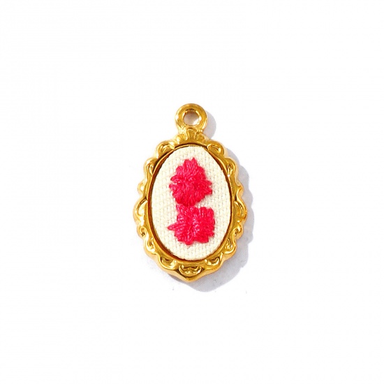 Immagine di 2 Pz PVD Ecologica Anti-Ossidante Ipoallergenico 304 Acciaio Inossidabile Ciondoli All'Ingrosso 18K Vero Oro Placcato Rosso Prugna Ovale Fiore Fatto Ricamato 23mm x 14mm
