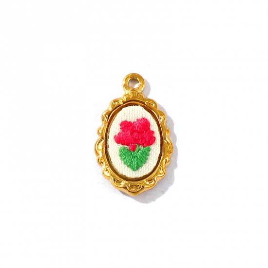 Immagine di 2 Pz PVD Ecologica Anti-Ossidante Ipoallergenico 304 Acciaio Inossidabile Ciondoli All'Ingrosso 18K Vero Oro Placcato Rosso Prugna Ovale Fiore Fatto Ricamato 23mm x 14mm