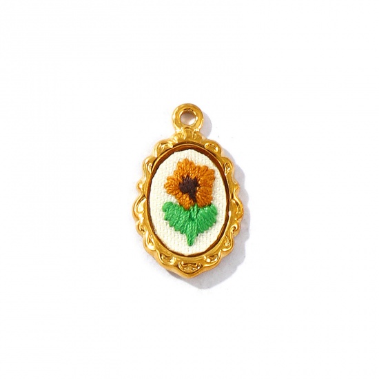 Immagine di 2 Pz PVD Ecologica Anti-Ossidante Ipoallergenico 304 Acciaio Inossidabile Ciondoli All'Ingrosso 18K Vero Oro Placcato Marrone Ovale Fiore Fatto Ricamato 23mm x 14mm