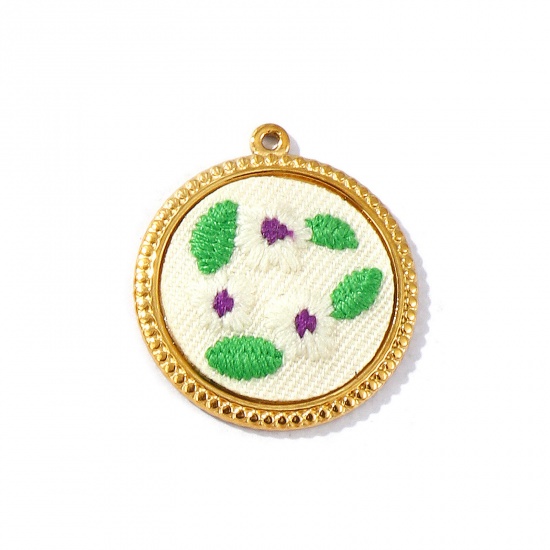 Immagine di 2 Pz PVD Ecologica Anti-Ossidante Ipoallergenico 304 Acciaio Inossidabile Ciondoli Pendenti All'Ingrosso 18K Vero Oro Placcato Bianco Tondo Disco Fiore Fatto Ricamato 3cm x 2.7cm