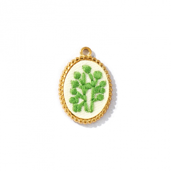 Immagine di 2 Pz PVD Ecologica Anti-Ossidante Ipoallergenico 304 Acciaio Inossidabile Ciondoli All'Ingrosso 18K Vero Oro Placcato Verde Ovale Foglia Fatto Ricamato 26mm x 18mm