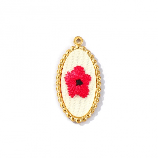 Immagine di 2 Pz PVD Ecologica Anti-Ossidante Ipoallergenico 304 Acciaio Inossidabile Ciondoli Pendenti All'Ingrosso 18K Vero Oro Placcato Rosso Prugna Ovale Fiore Fatto Ricamato 3.3cm x 1.7cm