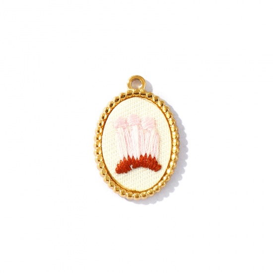 Immagine di 2 Pz PVD Ecologica Anti-Ossidante Ipoallergenico 304 Acciaio Inossidabile Ciondoli All'Ingrosso 18K Vero Oro Placcato Rosa Chiaro Ovale Fiore Fatto Ricamato 26mm x 18mm