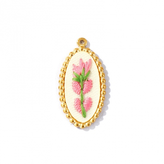 Immagine di 2 Pz PVD Ecologica Anti-Ossidante Ipoallergenico 304 Acciaio Inossidabile Ciondoli Pendenti All'Ingrosso 18K Vero Oro Placcato Rosa Ovale Fiore Fatto Ricamato 3.3cm x 1.7cm