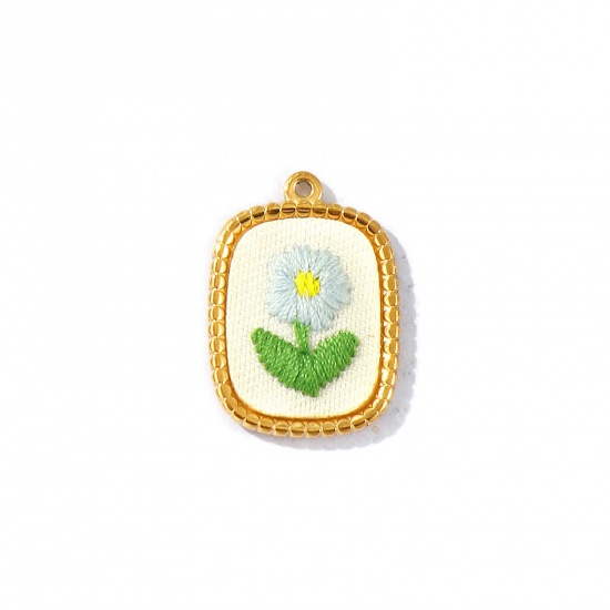 Immagine di 2 Pz PVD Ecologica Anti-Ossidante Ipoallergenico 304 Acciaio Inossidabile Ciondoli All'Ingrosso 18K Vero Oro Placcato Blu Chiaro Rettangolo Fiore Fatto Ricamato 26mm x 19mm
