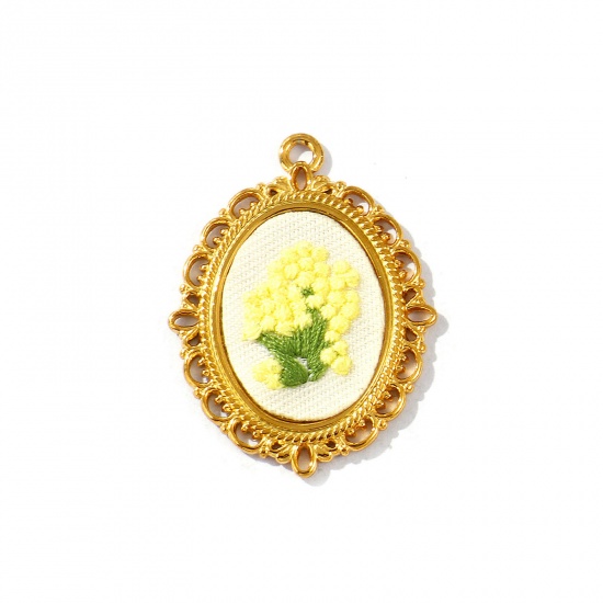 Picture of 2 PCs Eco-friendly PVD Anti-Tarnish Hypoallergenic 304 Stainless Steel Pendants Wholesale 18K Real Gold Plated Pale Yellow Oval Flower Handmade Embroidered 4cm x 3cm