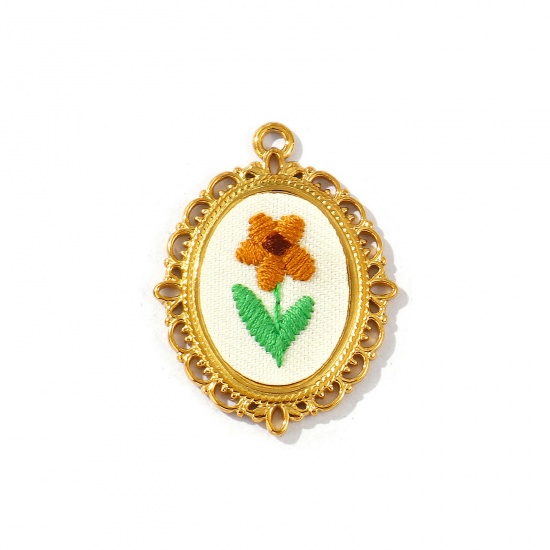 Picture of 2 PCs Eco-friendly PVD Anti-Tarnish Hypoallergenic 304 Stainless Steel Pendants Wholesale 18K Real Gold Plated Brown Oval Flower Handmade Embroidered 4cm x 3cm